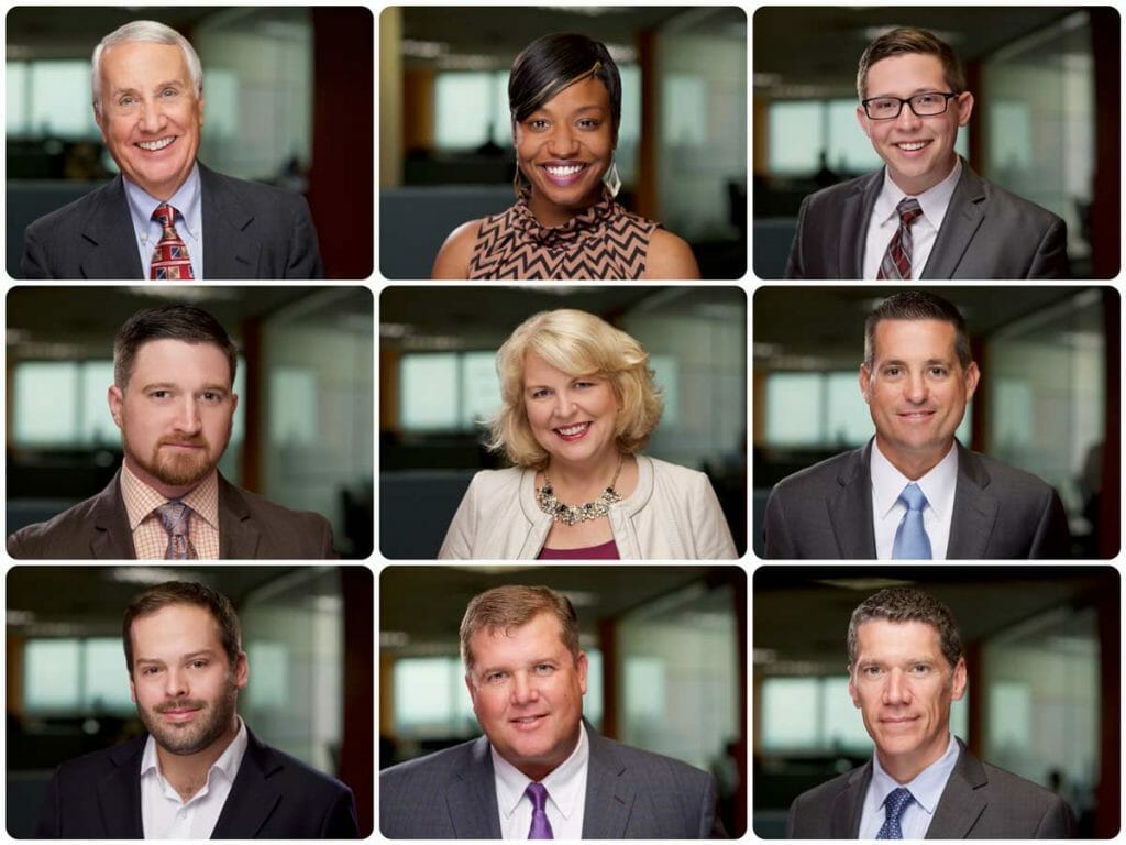 Grid of nine professional corporate headshots taken in the same office setting. | For Companies |