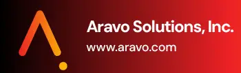 Company Banner Featuring an Orange a Logo on the Left Text Aravo Solutions Inc and the Url Wwwaravocom on a Red Gradient Background