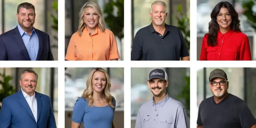 Eight Smiling Professionals in Headshots Arranged in a 4x2 Grid Each in Business Casual Attire Background Offices or Greenery